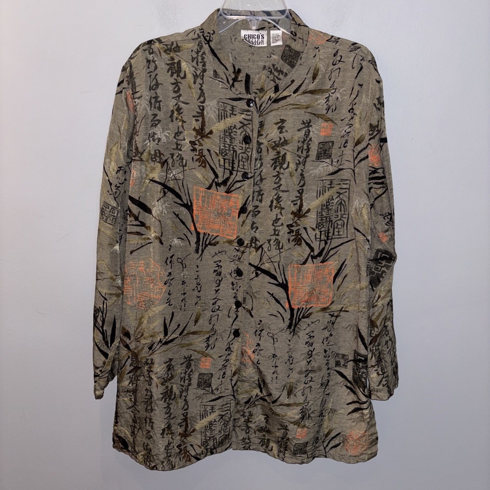 VTG Chicos Design Silk Linen Kimono Top Size 3 Asian Button Up Artsy‎ Old Money